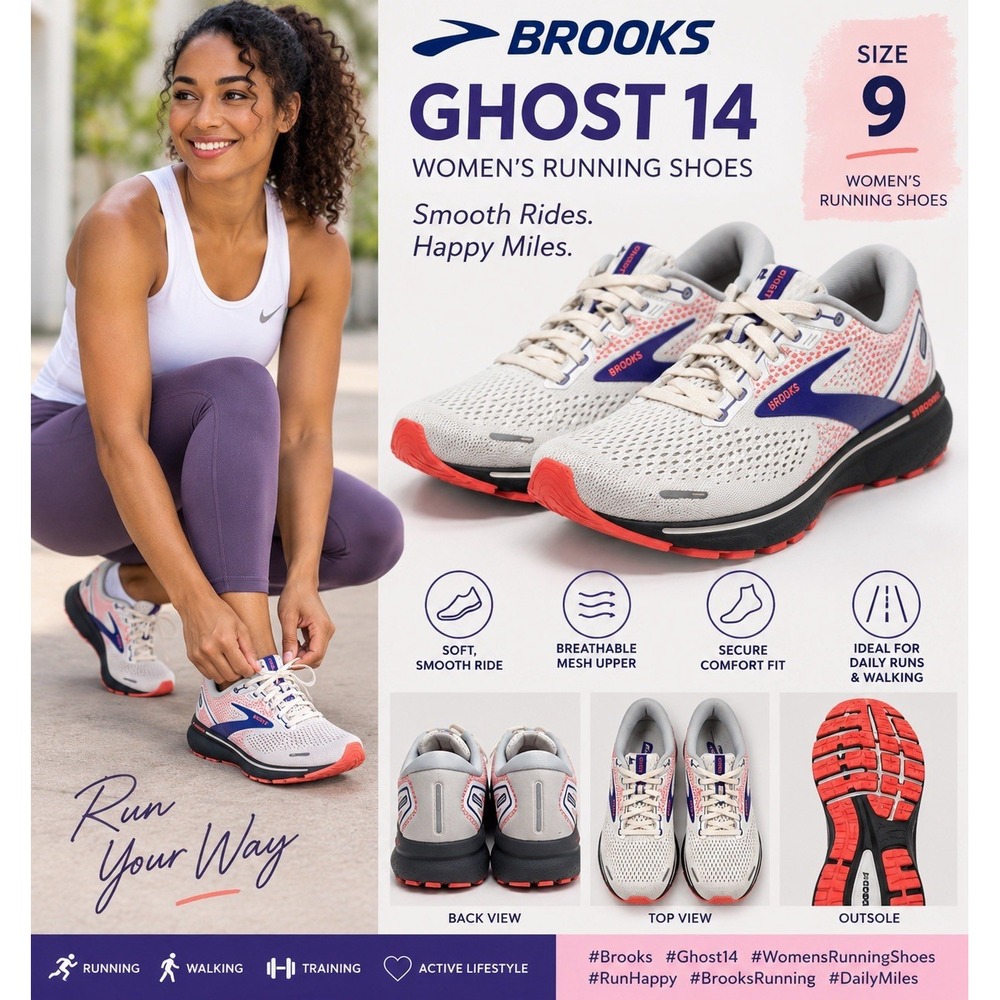 Brooks Ghost 14 Women's Running Shoes US 9 B White Purple Breathable Mesh - Picture 2 of 9